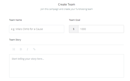 Create your own team - screen shot of Crowdrise page