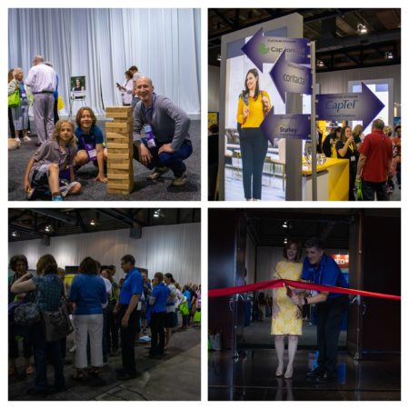 Collage of four photos from the exhibit hall (cutting the ribbon, crowd , signs and family playing Jenga)