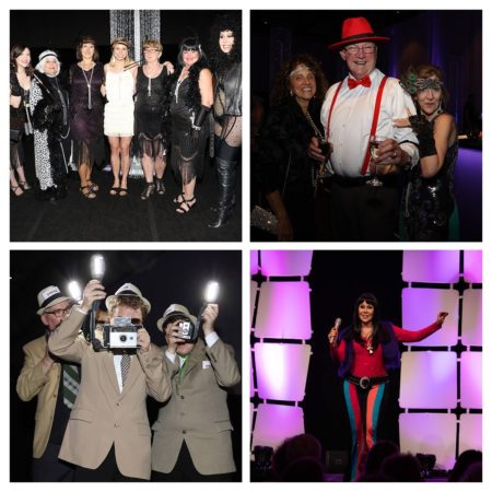 Collage of four photos from the Get Acquainted Party (GAP) - photographers, performer, and people posing in their 1920's garb