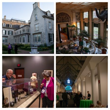 Collage of four photos taken at the George Eastman Museum (facade of building, interior and people looking at cameras)