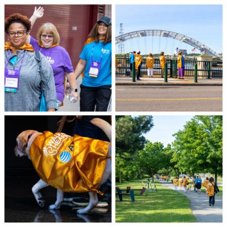 Collage of four photos of the Walk4Hearing at HLAA2019 Convention (people walking and a dog wearing a cape)