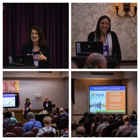 Collage of four photos from the workshops (crowd and speakers)