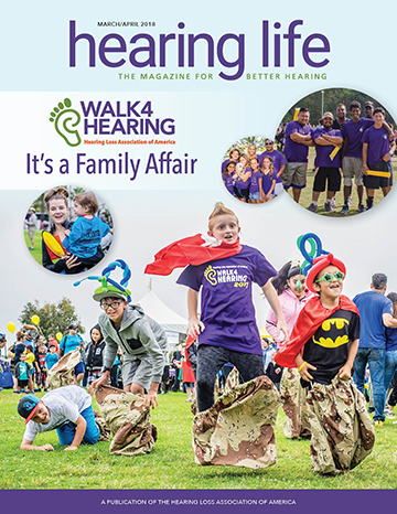 Hearing Life March/April issue cover with children jumping around and images of team photos
