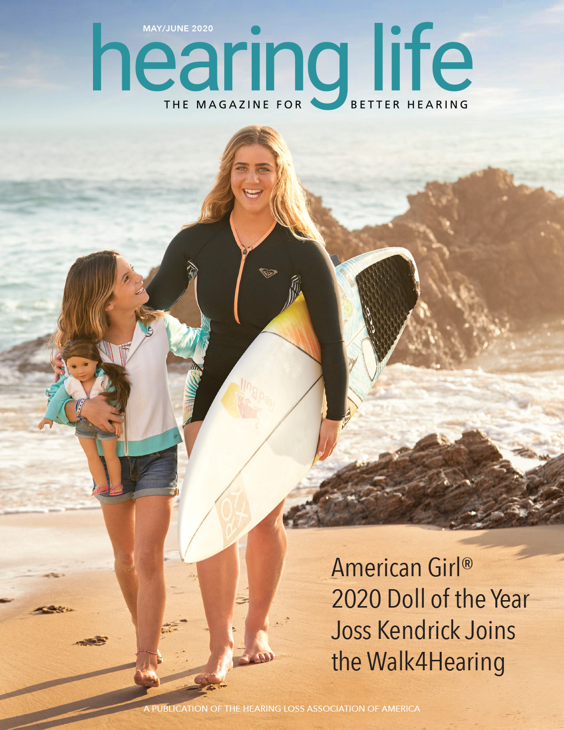HLAA Hearing Life 2020 May/June Cover with two young ladies at the beach and American Girl 2020 Doll of the Year Joss Kendrick.