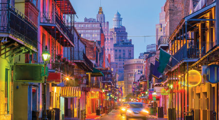 Colorful street view of New Orleans. Location of the HLAA2020 Convention presented by CapTel Captioned Telephone.