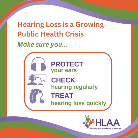 Colorful graphic with text: Hearing Loss is a Growing Public Health Crisis - Make sure you: PROTECT your ears - CHECK hearing regularly - TREAT hearing loss quickly