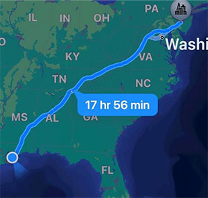 Map showing the 18 hour trip
