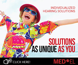 Woman celebrating with Med El cochlear implants